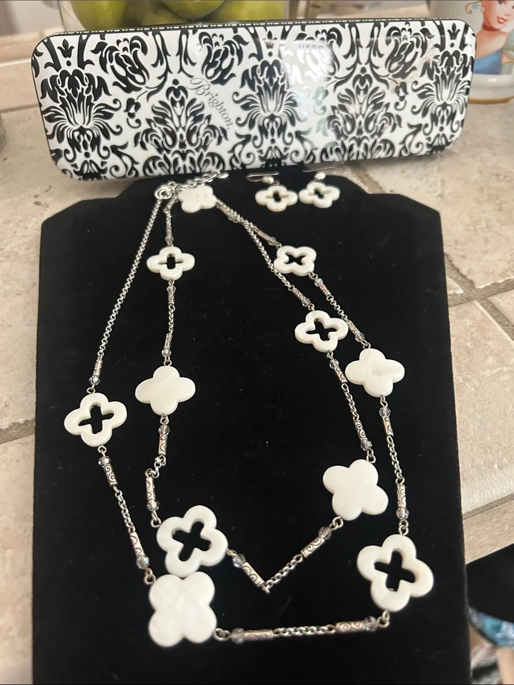 Brighton Silver Chain Necklace with White Clover Motifs